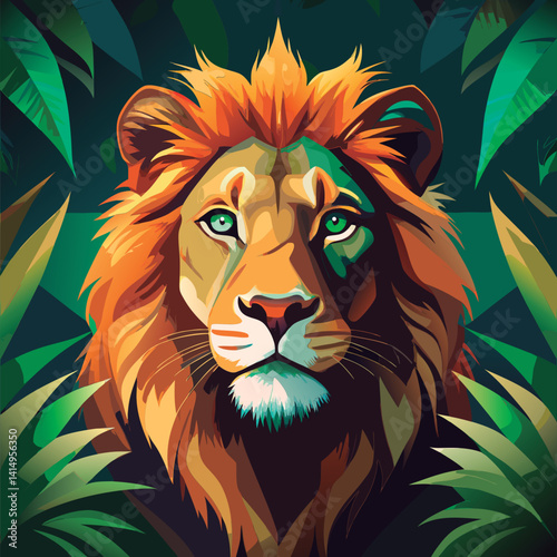 Majestic lion in lush jungle.