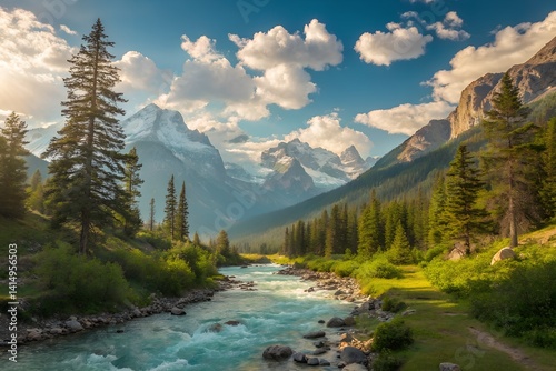A mountain river carves through the green valley in the Alps landscape under a cloudy sky photo
