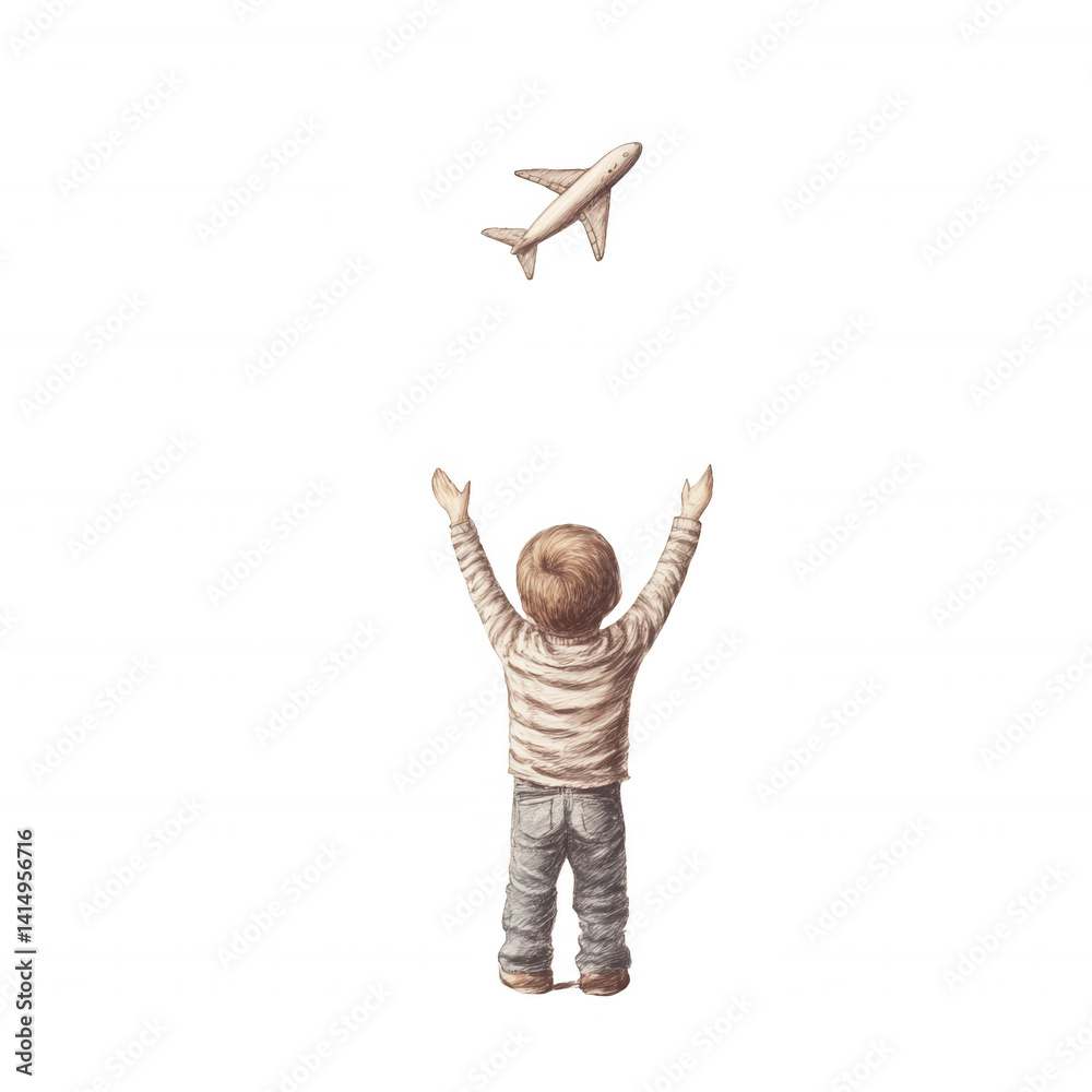 A child with arms raised, joyfully watching a toy airplane flying overhead. The scene captures the innocence and wonder of childhood in a playful moment. A child with arms raised, joyfully watching a toy airplane flying overhead. The scene captures the innocence and wonder of childhood in a playful moment.
