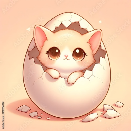 Adorable baby kitten with big sparkling eyes emerging from a cracked eggshell, surrounded by soft pink tones and hearts, symbolizing innocence, love, and new beginnings