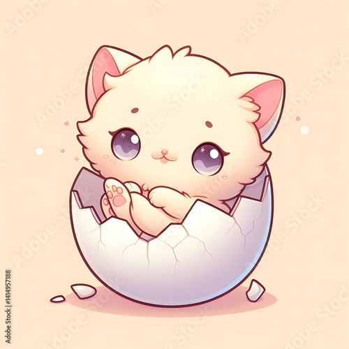 Adorable baby kitten with big sparkling eyes emerging from a cracked eggshell, surrounded by soft pink tones and hearts, symbolizing innocence, love, and new beginnings