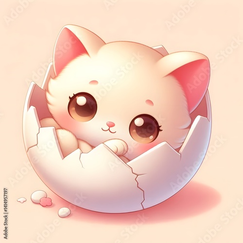 Adorable baby kitten with big sparkling eyes emerging from a cracked eggshell, surrounded by soft pink tones and hearts, symbolizing innocence, love, and new beginnings