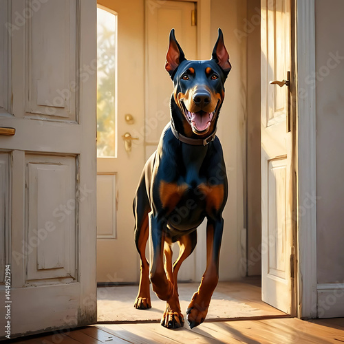Doberman dog running in the house with smile