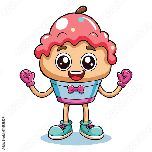 Cute cupcake character wearing a bowtie and boxing gloves