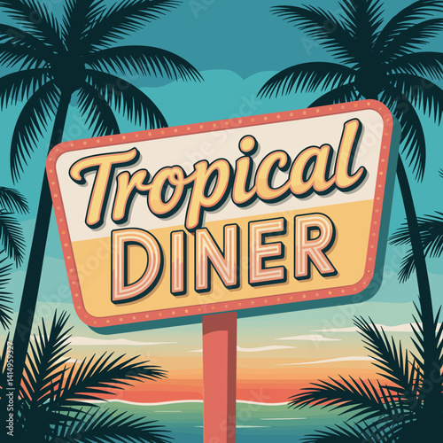 Tropical Diner Sign with Palm Trees and Sunset