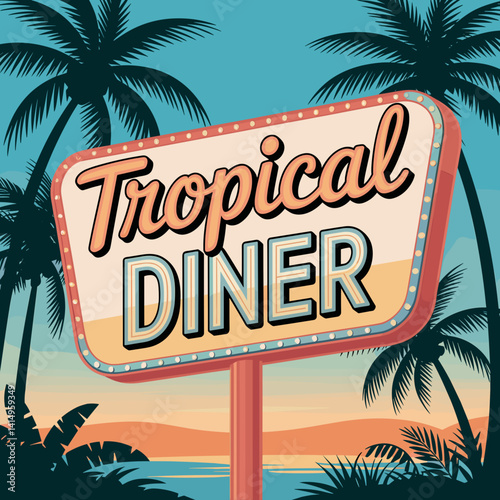 Tropical Diner Sign with Palm Trees and Sunset