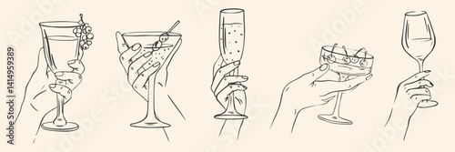 Hand drawn chalk cheers. Hands with wine, champagne glass, cocktails drawings for wedding invitations, menus and parties.  Doodle art template. Clipart vintage ink doodle sketch style