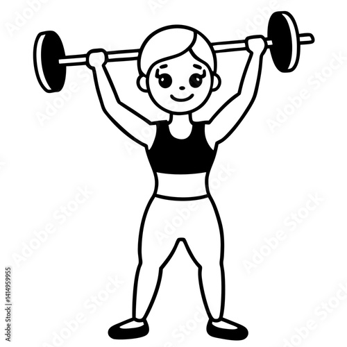 Line art vector silhouette of a cute girl performing a clean and jerk, with the barbell being lifted above the head