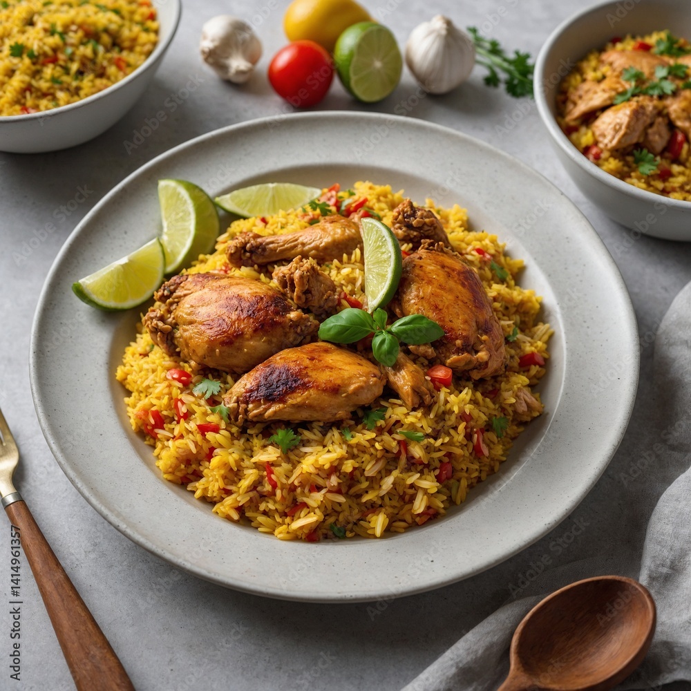 Fototapeta premium Golden Culinary Creation: This top-down shot presents a beautiful dish of flavorful chicken resting atop a vibrant bed of yellow rice, enhanced with fresh lime wedges and aromatic herbs.