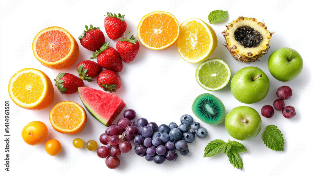 Rainbow of Fresh Fruits Colorful Vitamins Arranged in a Circle Healthy Eating Concept Rainbow of Fresh Fruits Colorful Vitamins Arranged in a Circle Healthy Eating Concept