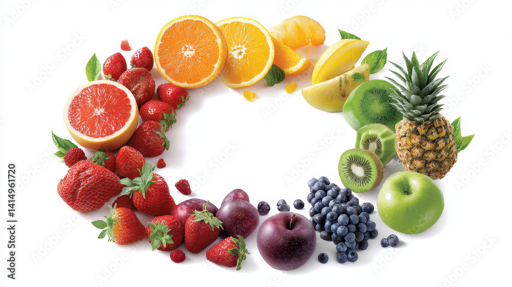 Vibrant Rainbow of Fresh Fruits Strawberries Oranges Grapefruit Kiwi Pineapple and Plums Healthy Eating Concept Vibrant Rainbow of Fresh Fruits Strawberries Oranges Grapefruit Kiwi Pineapple and Plums Healthy Eating Concept