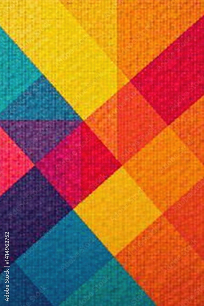 Vibrant Geometric Textile Pattern Featuring Interlocking Colorful Triangles and Squares on a Textured Background Vibrant Geometric Textile Pattern Featuring Interlocking Colorful Triangles and Squares on a Textured Background