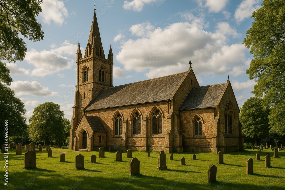 Historic stone church with graveyard under a blue sky and clouds Historic stone church with graveyard under a blue sky and clouds