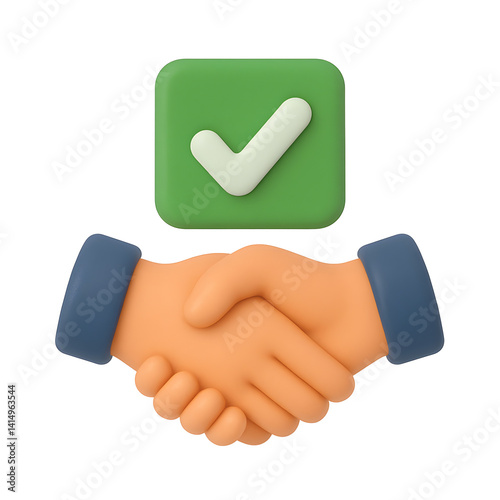 3D Render of a Handshake with a Green Checkmark - Successful Deal, Partnership, and Agreement