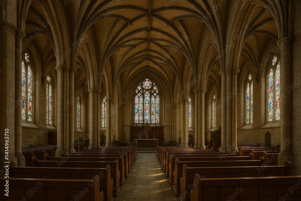Obraz premium Serene Interior of Gothic Church with Stained Glass Windows