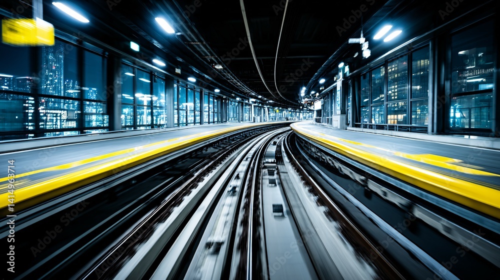 Subway tracks curving through a station with blurred motion and bright lighting. Subway tracks curving through a station with blurred motion and bright lighting.