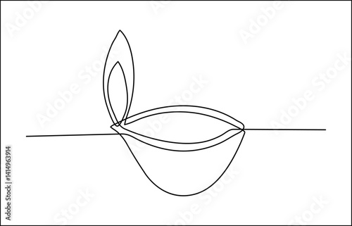 Continuous one line drawing of hand holding diya lamp light for Diwali celebration. Deepavali oil lamp line art vector design on white background. 