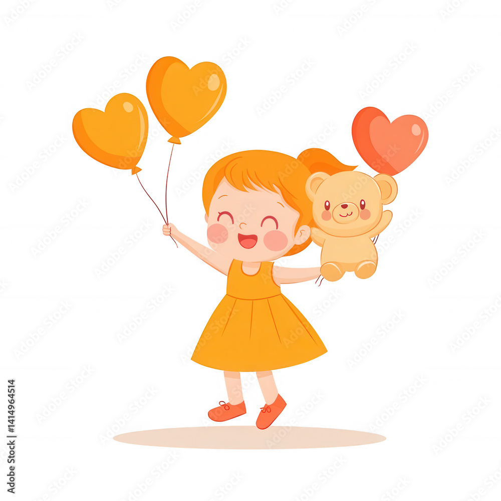 A joyful girl in a yellow dress holds heart-shaped balloons and a teddy bear, radiating happiness and innocence. Perfect for children's themes and celebrations. A joyful girl in a yellow dress holds heart-shaped balloons and a teddy bear, radiating happiness and innocence. Perfect for children's themes and celebrations.