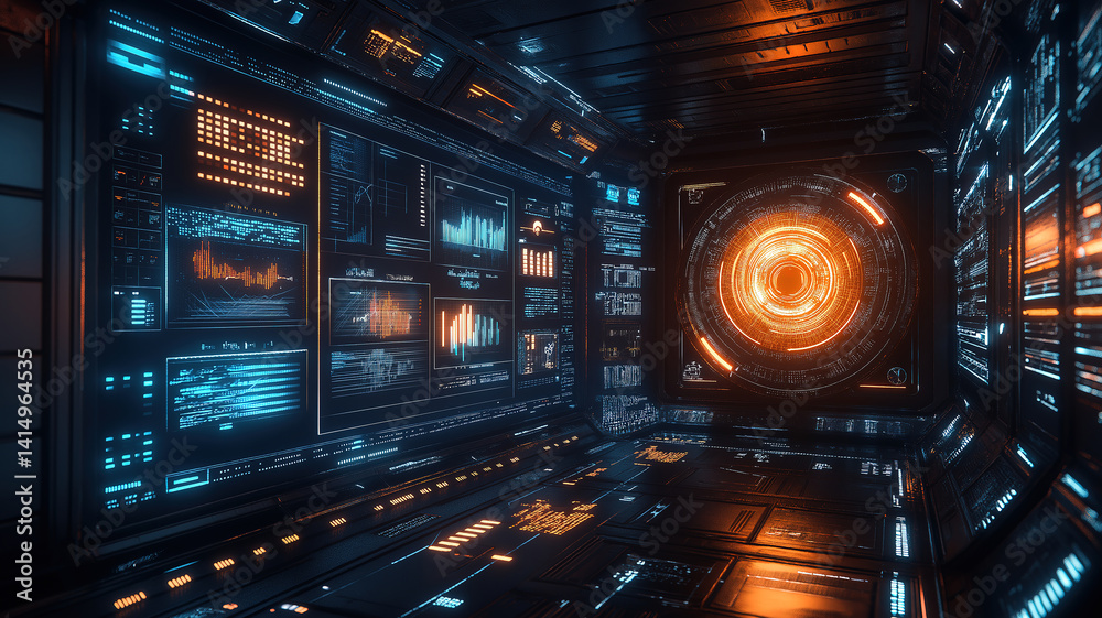 Futuristic interface displaying data in a dark room with glowing panels highlighting advanced technology Futuristic interface displaying data in a dark room with glowing panels highlighting advanced technology