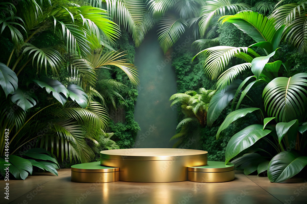 Podium gold in tropical forest for product presentation with a green wall in a lush natural setting
Podium gold in tropical forest for product presentation with a green wall in a lush natural setting