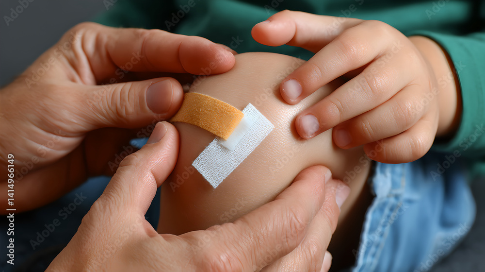 Tender Care Applying a Glittery Bandage to a Child's Knee