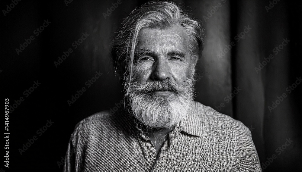 Fototapeta premium a striking portrait of a gray-haired senior man with a long white beard, looking directly into the camera. The monochrome captures the textures of the man's hair, beard, and clothing