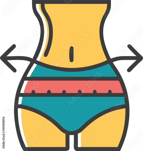 Waist Line Icon with Arrows, Body Shape, Yellow Torso, Teal Shorts on White