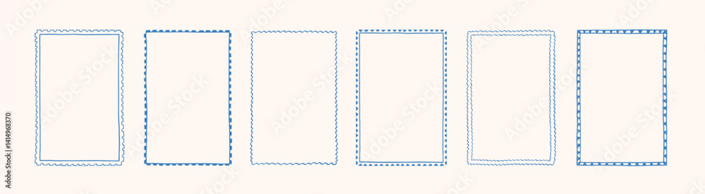 Doodle hand drawn frames in stamp style. Minimalist line art. Vintage blue ornament borders for wedding, greeting cards, menu, prints, picnic invitations. Mediterranean sea coastal aesthetics.