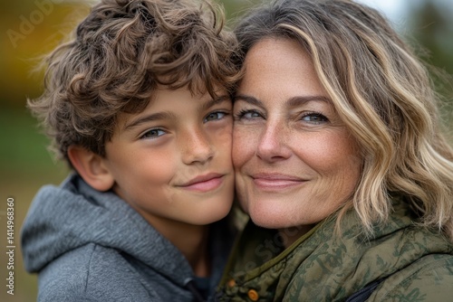 a tween son kissing his mom in her forties on the cheek with a green background