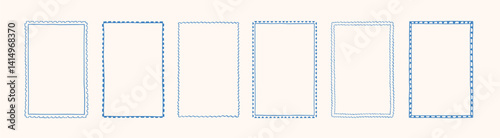 Doodle hand drawn frames in stamp style. Minimalist line art. Vintage blue ornament borders for wedding, greeting cards, menu, prints, picnic invitations. Mediterranean sea coastal aesthetics.