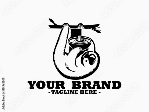 Dark silhouette illustration of a cute sloth hanging upside down from a tree branch while eating noodles from a bowl with chopsticks. sloth  animal concept, sloth vector design, sloth logo design