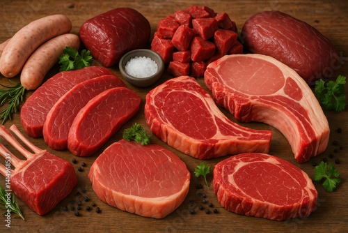 Fresh Meat Display on Wooden Table with Various Cuts and Sides