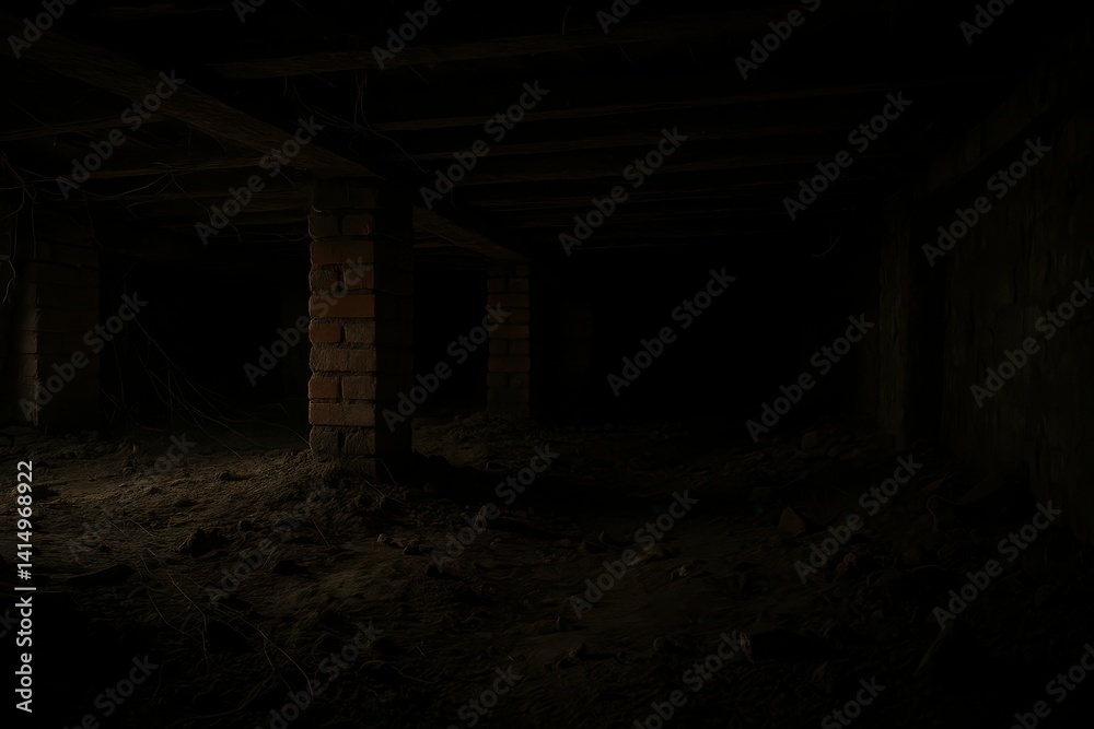 Dark Underground Space with Exposed Brick Columns and Shadows Dark Underground Space with Exposed Brick Columns and Shadows