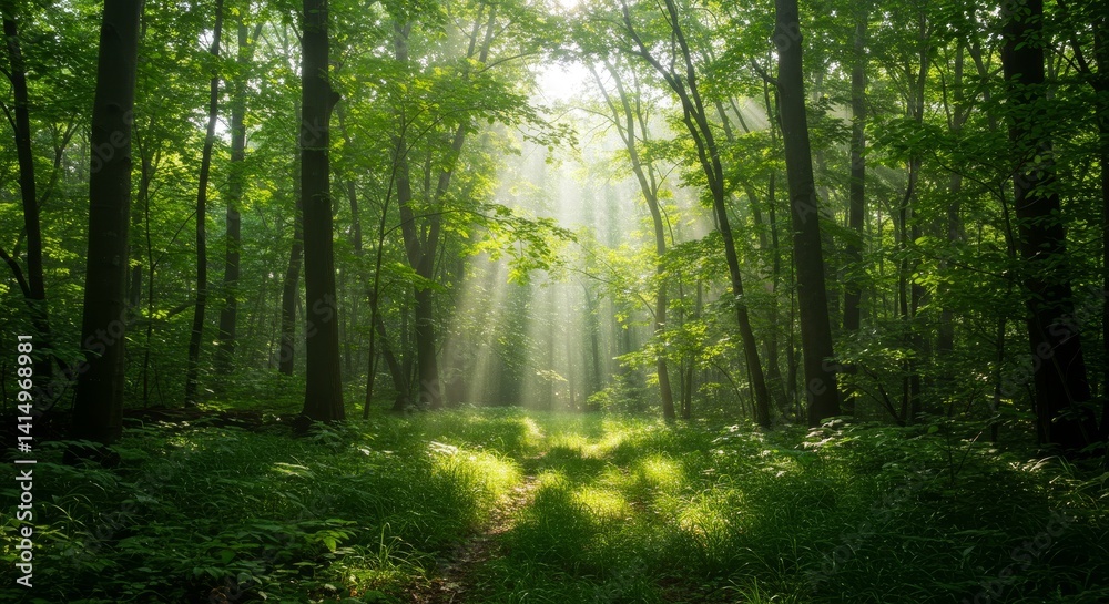 Obraz premium Sunlit Forest Path - Serene forest scene, sunlight streams through trees, creating a magical path. Symbolizes peace, nature, tranquility, hope, and renewal