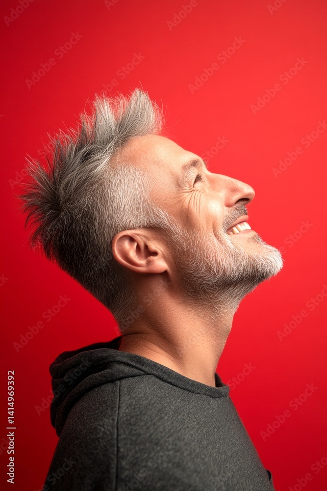 Obraz premium A confident and modern man embracing his look. Modish men's short rocker haircut - midlife white man with grey hair. Red solid background. Creative concept art design of style for aging men.