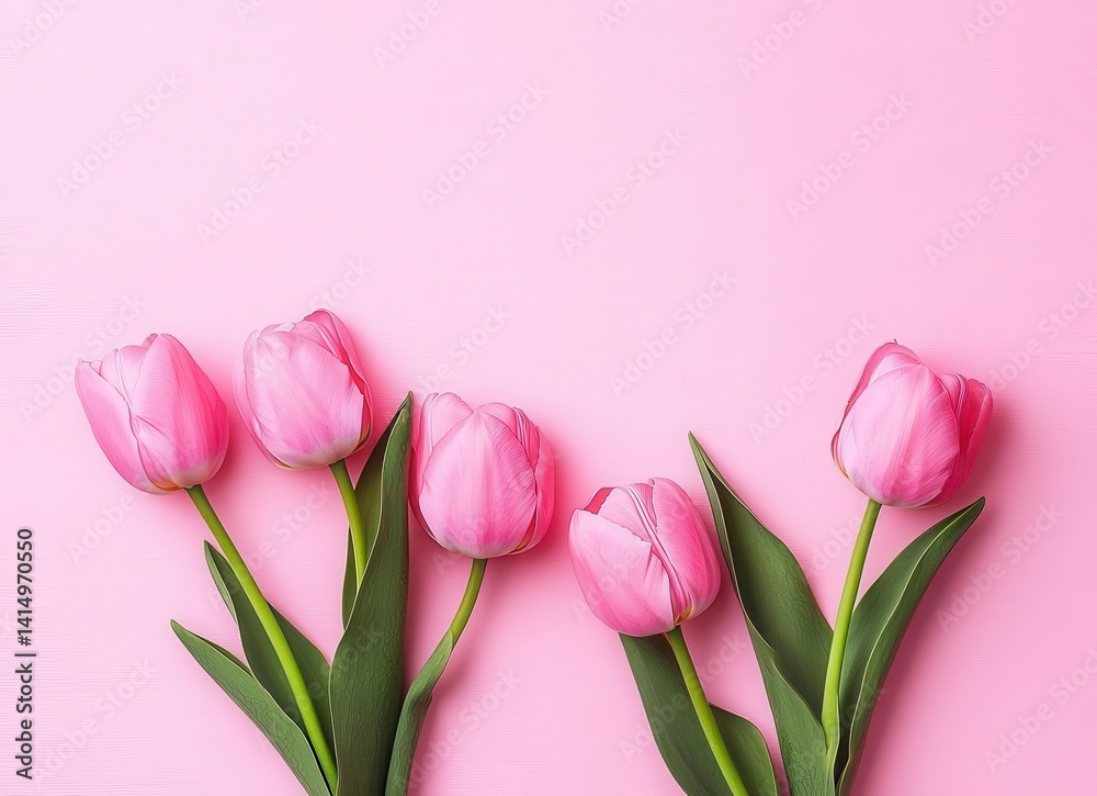 Tulip blooms in vibrant pink colors spread across a top view symbolizing the arrival of spring and new beginnings for birthday wishes or Mother day. Tulip blooms in vibrant pink colors spread across a top view symbolizing the arrival of spring and new beginnings for birthday wishes or Mother day.