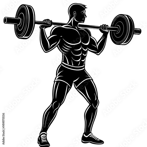Line art vector silhouette of a person doing a barbell curl, with a barbell held in front, arms ben 