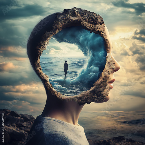 Surreal image of a woman with a rock like face revealing a sky and a figure inside
