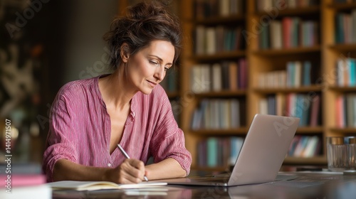 Professional Woman Taking Notes During Virtual Meeting at Home Desk