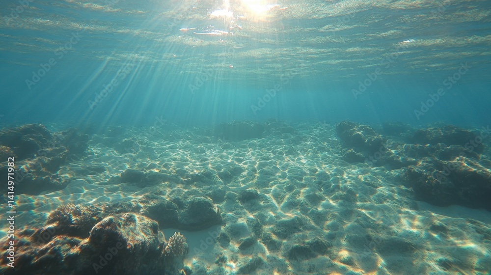 Fototapeta premium Tranquil underwater scene with sun rays filtering through clear turquoise water illuminating sandy seabed and coral reef formations creating serene aquatic vista
