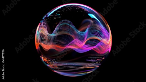 Fototapeta Naklejka Na Ścianę i Meble -  Abstract sphere with colorful, wavy data streams inside on black background.