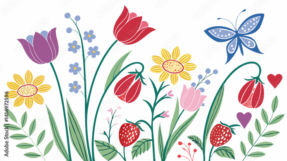 Springtime Botanical Elements, Vibrant Flowers, Butterflies & Strawberries Springtime Botanical Elements, Vibrant Flowers, Butterflies & Strawberries