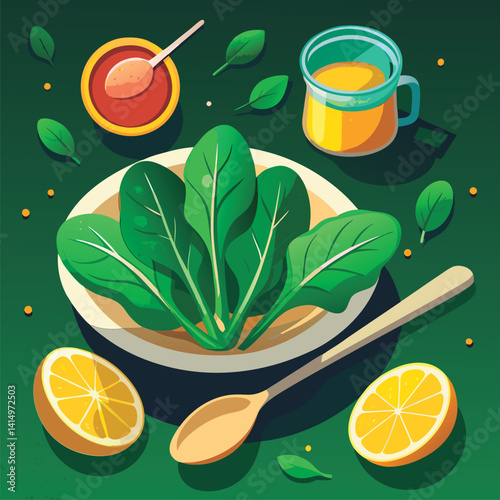 Healthy spinach meal with lemon and drink.