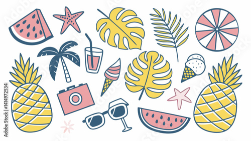 Summer Vacation Doodle Set - Hand-Drawn Tropical Elements