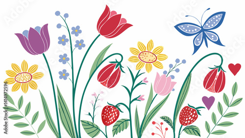 Springtime Botanical Elements, Vibrant Flowers, Butterflies & Strawberries