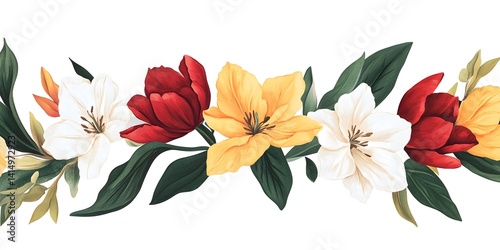 Springtime Beauty: Red, Yellow, and White Tulips Framing a Lush Garden Border, bouquet of colorful tulips