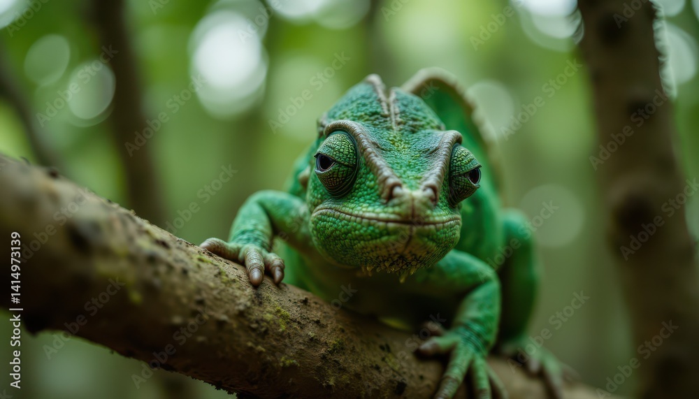 Fototapeta premium Chameleon closeup in lush forest wildlife photography detailed perspective nature exploration