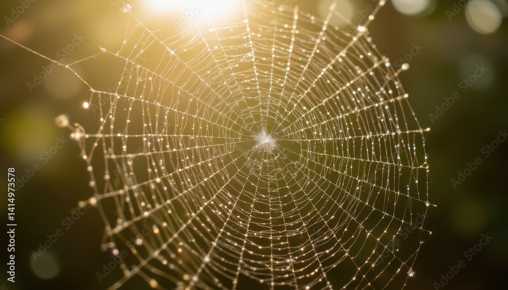 Obraz premium Dewy spider web glimmering in morning light nature closeup serene environment macro view intricate design
