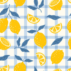 Acrylglasbilder Küchenmuster Seamless floral trellis pattern with bows and lemons. Summer coquette print. Italian vacation aesthetics. Cute background with citrus fruits. Vector trendy design for fabric, wrapping paper.  © Anna Bova