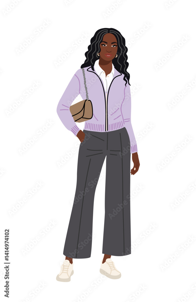 Modern business woman standing in smart casual office outfit, light purple cardigan, dark gray pants and sneakers. Pretty young stylish girl in fashionable outfit. Flat vector illustration isolated Modern business woman standing in smart casual office outfit, light purple cardigan, dark gray pants and sneakers. Pretty young stylish girl in fashionable outfit. Flat vector illustration isolated